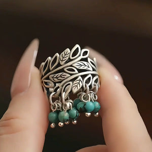 Silver New Retro Old Turquoise Fringed Ring Ethnic Style Tang Grass Flower Hollow Hammer Ring