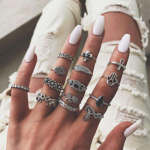 15 Piece Ring Set Personalized Fashion Style Hollow out Lotus Sunflower Geometry Black Gem Set Ring
