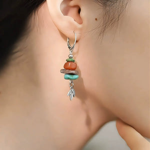 925 Silver New Tibetan Retro Turquoise Asymmetrical Earrings Beeswax Ear Hooks Female Bamboo Leaf Agarwood High Sense Versatile