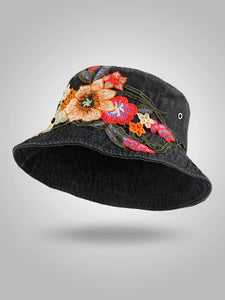 Fashion National Style Embroidered Denim Fisherman Hat Outdoor Sun Protection Travel Street Basin Hat.