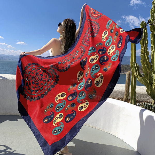 New Cotton and Hemp Feel Large Scarf Red Ethnic Tourism Beach Scarf with Dual Use Air Conditioning Room Shawl