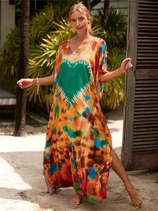 Hot Cotton Watermark Printed Beach Cover Up Robe Style Beach Vacation Sun Protection Bikini Cover Up