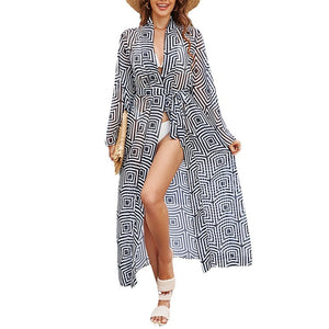 New Chiffon Positioning Printing Holiday Loose Long sleeved Beach Coat Long Cardigan Bikini Outgoing Cover Up