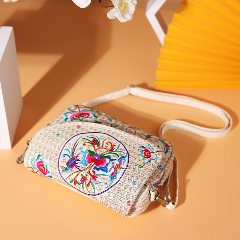 Colorful Cloud Impression Red and Blue Embroidery Versatile Canvas Flap Mobile Phone Crossbody Bag for Women