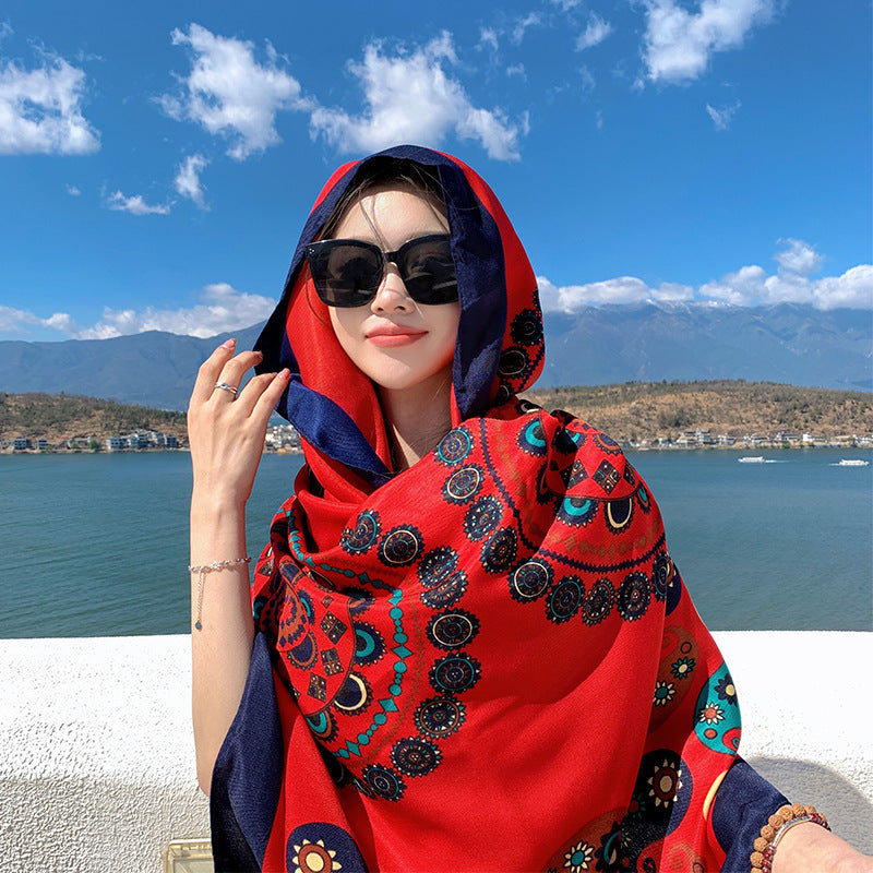 New Cotton and Hemp Feel Large Scarf Red Ethnic Tourism Beach Scarf with Dual Use Air Conditioning Room Shawl