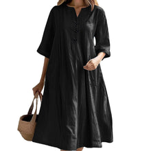 Load image into Gallery viewer, Women&#39;s Dress Women&#39;s Medium and Long V-neck Half-sleeve Cotton and Linen Loose Version Three-button Pocket Dress