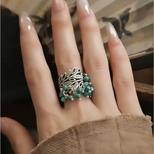 Load image into Gallery viewer, Silver New Retro Old Turquoise Fringed Ring Ethnic Style Tang Grass Flower Hollow Hammer Ring
