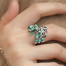 Load image into Gallery viewer, Silver New Retro Old Turquoise Fringed Ring Ethnic Style Tang Grass Flower Hollow Hammer Ring
