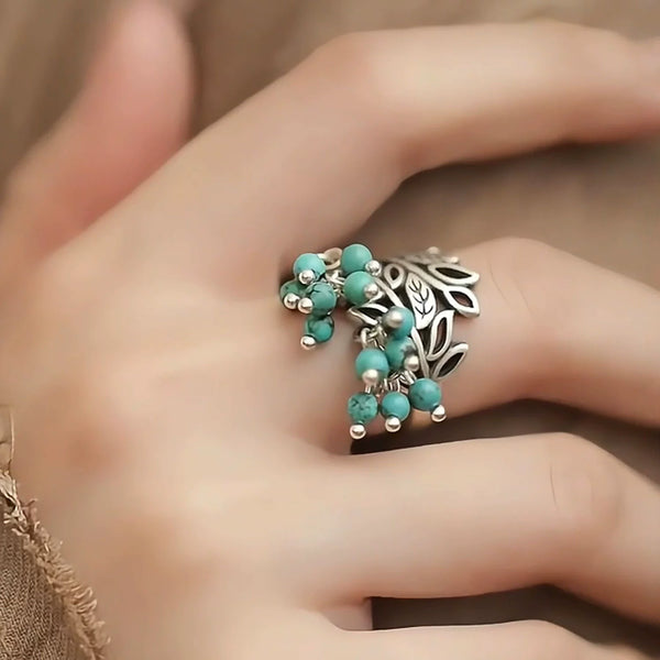 Silver New Retro Old Turquoise Fringed Ring Ethnic Style Tang Grass Flower Hollow Hammer Ring