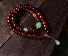 Load image into Gallery viewer, Small Leaf Red Sandalwood Two Loop Bracelet with Small Leaf Carved Beads and Jade Chalcedony Beads