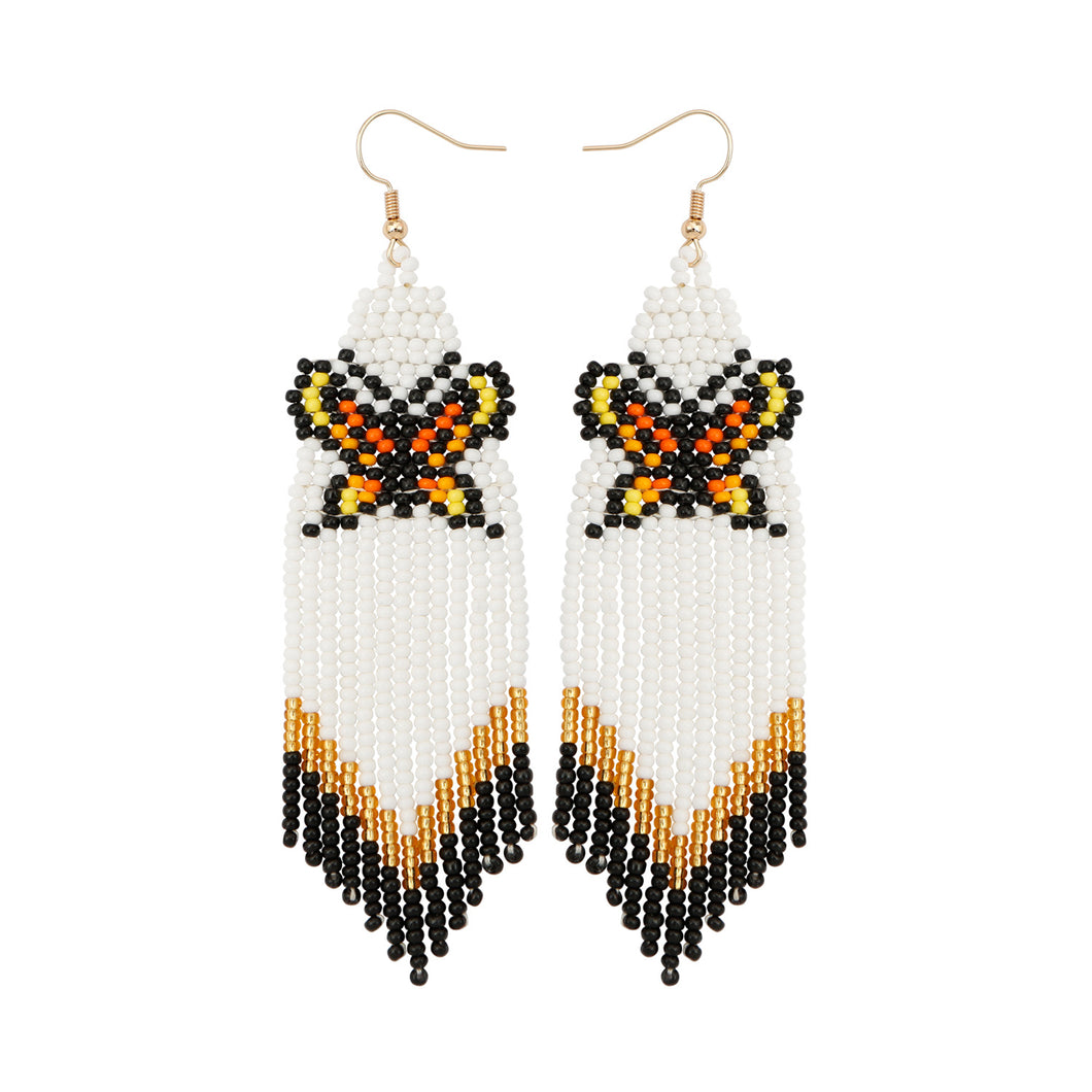 Bohemian Holiday Style Rice Bead Knitted Earrings with Tassels Handmade DIY Long Original Design Butterfly Earrings for Women