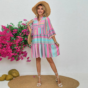 Women's Clothing New Spring and Autumn Printing V-neck Seven-quarter Sleeve Dress