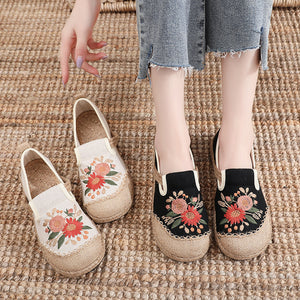 Embroidered Shoes Fisherman Shoes Cart Stitching Cotton and Linen Embroidery Shoes, Anti Slip and Breathable Round Toe Women's Shoes