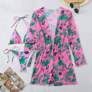 5 Colors Swimwear Printed Mesh Three-piece Cover-up Bikini Swimsuit