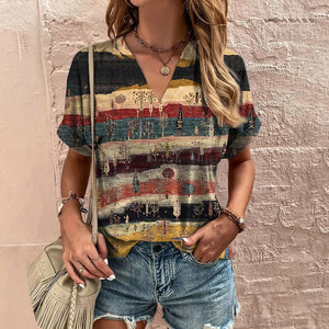 Retro Women's T-Shirt Summer V-Neck Short Sleeve Tee Casual Harajuku Stripe Print T Shirt for Women Streetwear Pullover Tops New