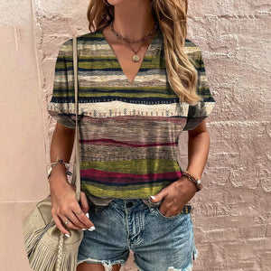 Retro Women's T-Shirt Summer V-Neck Short Sleeve Tee Casual Harajuku Stripe Print T Shirt for Women Streetwear Pullover Tops New