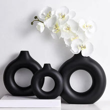 Load image into Gallery viewer, 1pcs Black Nordic Ceramic Vase Circular Hollow Donuts Flower Pot Home Decoration Accessories Interior Office Desktop Decor Gift