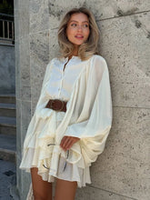Load image into Gallery viewer, Irregular Ruffled Edge Buttons Lantern Sleeve Dress Women Chic Pleated Chiffon O Neck Mini Gowns Lady High Street Vestidos 2025