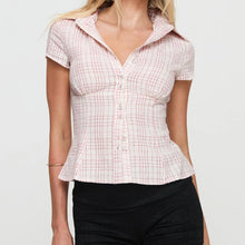 Load image into Gallery viewer, hirigin Women&#39;s Y2K Short Sleeve Plaid Button Down Shirt Button Down Blouses Tops Casual Summer Shirt Tops 90s Streetwear