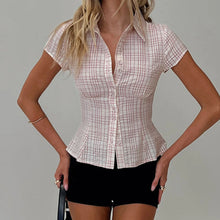 Load image into Gallery viewer, hirigin Women&#39;s Y2K Short Sleeve Plaid Button Down Shirt Button Down Blouses Tops Casual Summer Shirt Tops 90s Streetwear