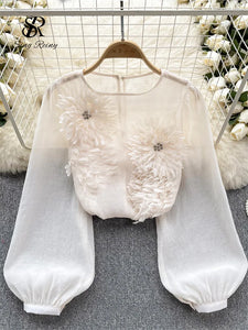 Spring Loose Satin Blouse Women O Neck Long Sleeves Sheer Bohemian Top 2024 Transparent 3D Floral Casual Shirt