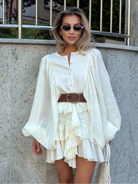 Irregular Ruffled Edge Buttons Lantern Sleeve Dress Women Chic Pleated Chiffon O Neck Mini Gowns Lady High Street Vestidos 2025