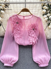 Load image into Gallery viewer, Spring Loose Satin Blouse Women O Neck Long Sleeves Sheer Bohemian Top 2024 Transparent 3D Floral Casual Shirt