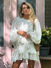 Load image into Gallery viewer, Irregular Ruffled Edge Buttons Lantern Sleeve Dress Women Chic Pleated Chiffon O Neck Mini Gowns Lady High Street Vestidos 2025