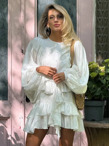 Irregular Ruffled Edge Buttons Lantern Sleeve Dress Women Chic Pleated Chiffon O Neck Mini Gowns Lady High Street Vestidos 2025