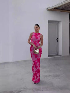 New Elegant Women Sleeveless 3d Flowers Party Dress Embroidery Mesh Slim Hip Package Female Fshion Maxi Dresses Robe