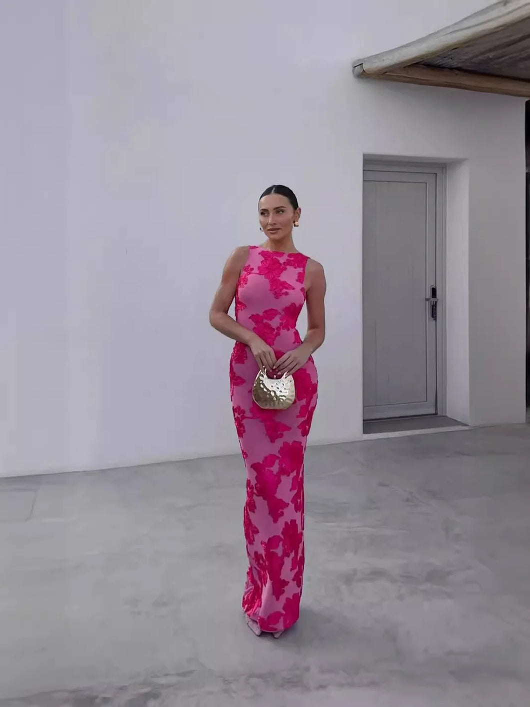 New Elegant Women Sleeveless 3d Flowers Party Dress Embroidery Mesh Slim Hip Package Female Fshion Maxi Dresses Robe