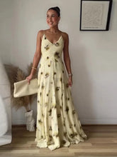 Load image into Gallery viewer, Yellow Print V Neck Sling Maxi Dresses Elegant Sleeveless Backless High Waist Pleated Long Dress Lady New Summer Commute Robes