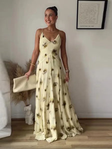 Yellow Print V Neck Sling Maxi Dresses Elegant Sleeveless Backless High Waist Pleated Long Dress Lady New Summer Commute Robes