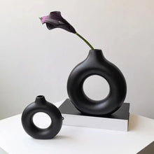 Load image into Gallery viewer, 1pcs Black Nordic Ceramic Vase Circular Hollow Donuts Flower Pot Home Decoration Accessories Interior Office Desktop Decor Gift