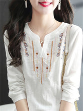 Load image into Gallery viewer, Women Spring Autumn White Blouses Tops Lady Casual Embroidery V-Neck Long Sleeve Vintage Loose Blusas Top DF4272