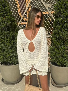 Sexy Boho Striped Chic V-neck Cut Out Bell Sleeve Knit Beach Mini Dress 2025 Summer Women Seaside Holiday Swimsuit Cover Up K123