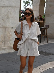 Women Fashion Stripe Print Lace-up Shorts Set Oversized Lapel Short Sleeve Single Breasted Shirts Suit Lady Casual Street Outfit