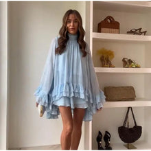 Load image into Gallery viewer, Elegant Multi Layers Ruffles Short Dress Women Pleated High Collar Flare Sleeve Vacation Dresses 2025 Spring Lady Party Robes