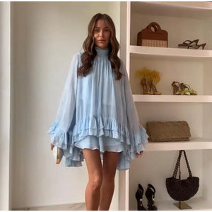 Elegant Multi Layers Ruffles Short Dress Women Pleated High Collar Flare Sleeve Vacation Dresses 2025 Spring Lady Party Robes