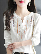 Load image into Gallery viewer, Women Spring Autumn White Blouses Tops Lady Casual Embroidery V-Neck Long Sleeve Vintage Loose Blusas Top DF4272