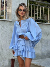 Load image into Gallery viewer, Irregular Ruffled Edge Buttons Lantern Sleeve Dress Women Chic Pleated Chiffon O Neck Mini Gowns Lady High Street Vestidos 2025