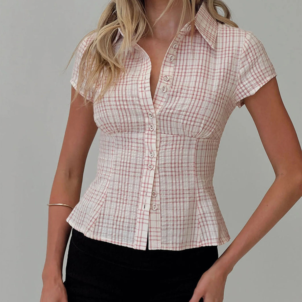 hirigin Women's Y2K Short Sleeve Plaid Button Down Shirt Button Down Blouses Tops Casual Summer Shirt Tops 90s Streetwear