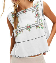 Load image into Gallery viewer, Embroidery Flower Tank Tops for Women Y2K Sleeveless Square Neck Button Front Free Tie Up Cropped Vest Summer Chic Streetwear