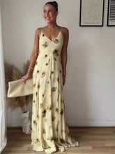 Load image into Gallery viewer, Yellow Print V Neck Sling Maxi Dresses Elegant Sleeveless Backless High Waist Pleated Long Dress Lady New Summer Commute Robes