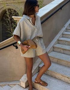 Women Fashion Stripe Print Lace-up Shorts Set Oversized Lapel Short Sleeve Single Breasted Shirts Suit Lady Casual Street Outfit
