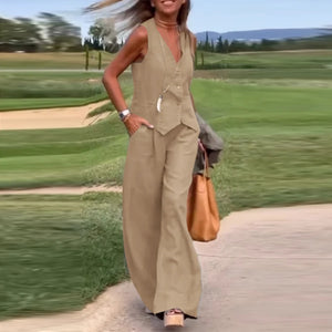 Woman Elegant 2-Piece Pant Sets Casual Vest and Pants Sets Old Money Style Suits 2pcs Outfits Wide Leg Trouser Sets