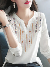 Load image into Gallery viewer, Women Spring Autumn White Blouses Tops Lady Casual Embroidery V-Neck Long Sleeve Vintage Loose Blusas Top DF4272
