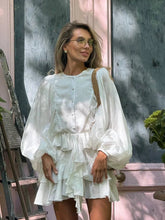 Load image into Gallery viewer, Irregular Ruffled Edge Buttons Lantern Sleeve Dress Women Chic Pleated Chiffon O Neck Mini Gowns Lady High Street Vestidos 2025