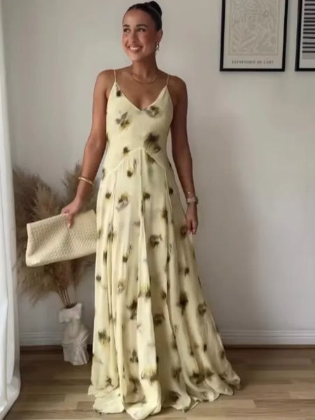 Yellow Print V Neck Sling Maxi Dresses Elegant Sleeveless Backless High Waist Pleated Long Dress Lady New Summer Commute Robes