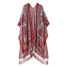 Load image into Gallery viewer, WeHello Bohemian burnt plush kimono Women&#39;s long Purple Tassel Beach Cover-up  Holiday Casual Cardigan Shawl JYPF-20